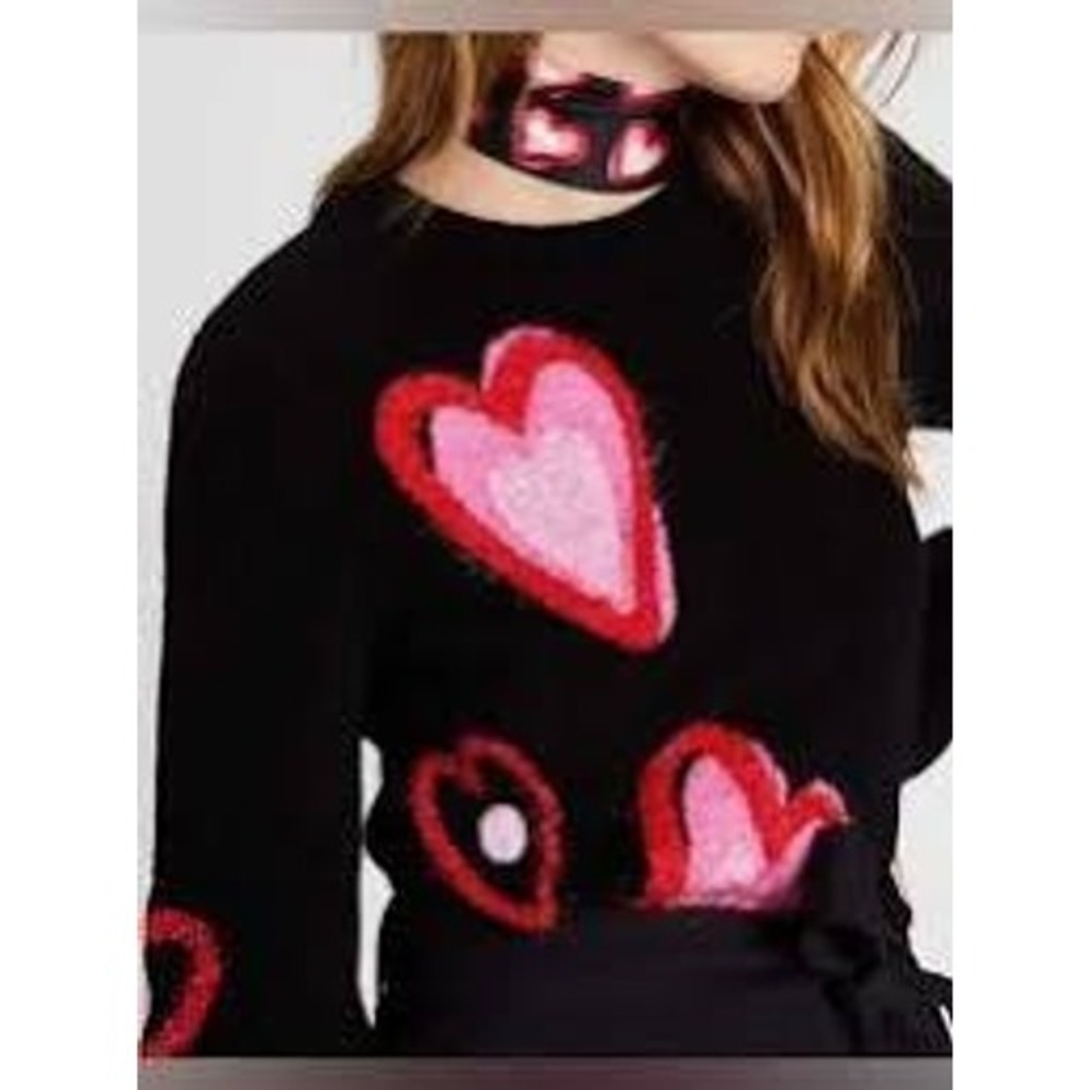 Kate Spade Women Sweater S Black KA436 Heart Intarsia Knit Crew Neck Long Sleeve